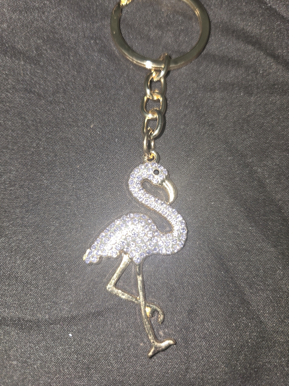 Gold Tone Flamingo Keychain with Clear Crystals